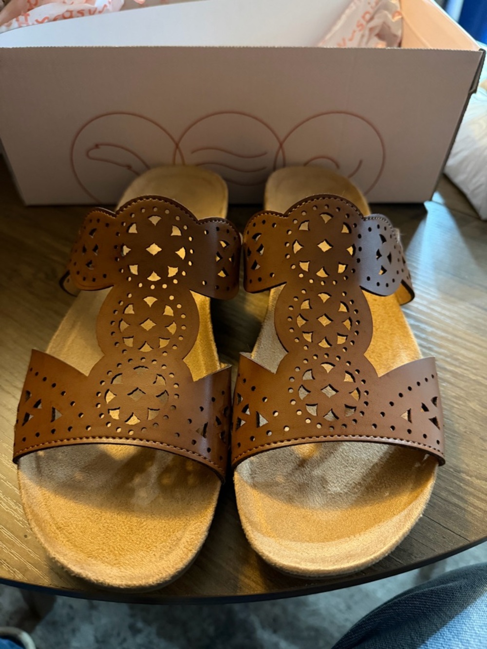 Easy Spirit Women's Brown Laser-Cut Slide Sandals